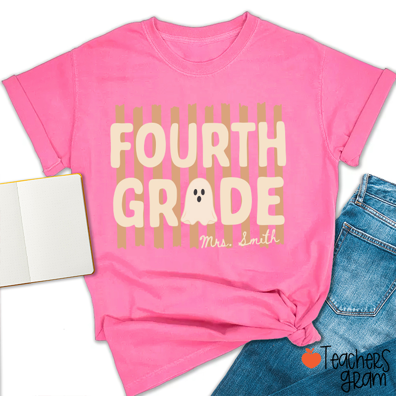 Personalized Grade And Name Cute Ghost Halloween Vibes Teacher T-Shirt