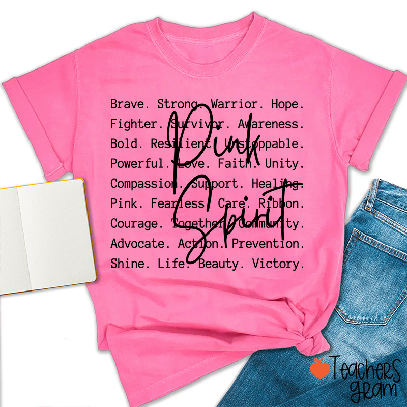 Pink Spirit Motivational Word Collage Graphic Teacher T-Shirt