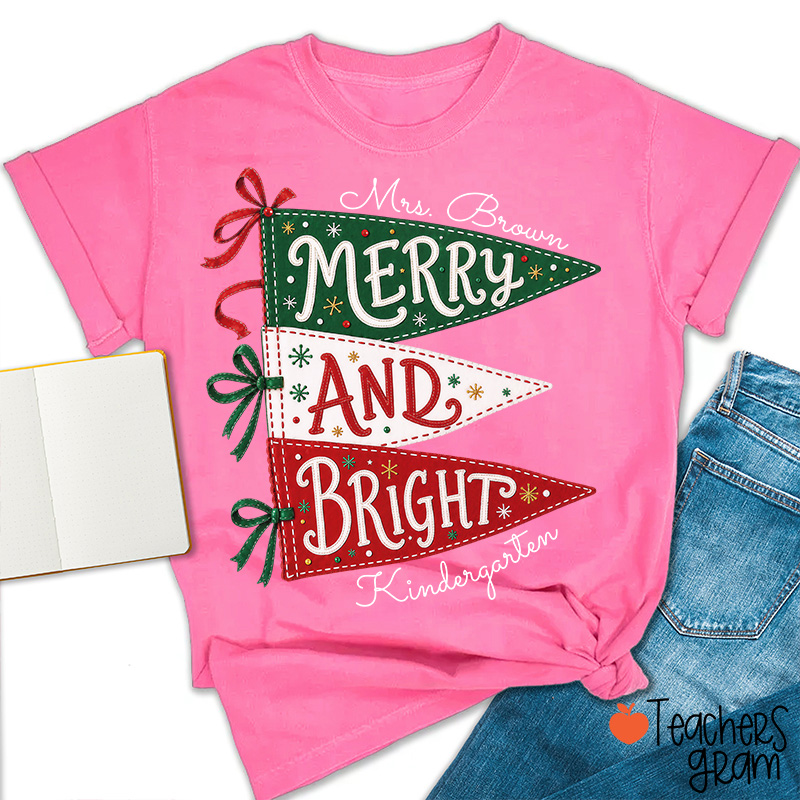 Personalized Name And Grade Merry And Bright Teacher T-Shirt