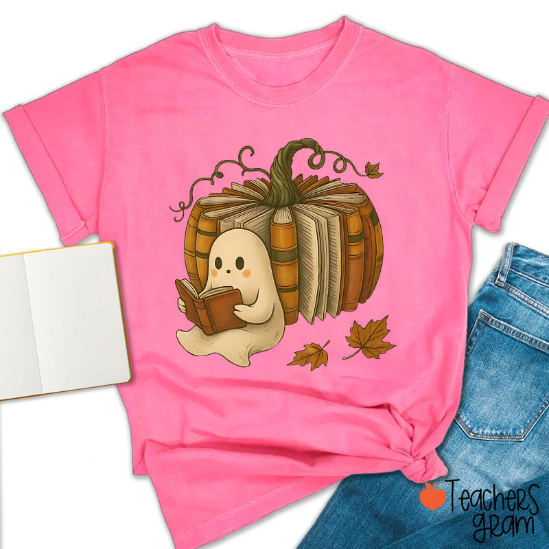 Ghost Reading Book Pumpkin Teacher T-Shirt
