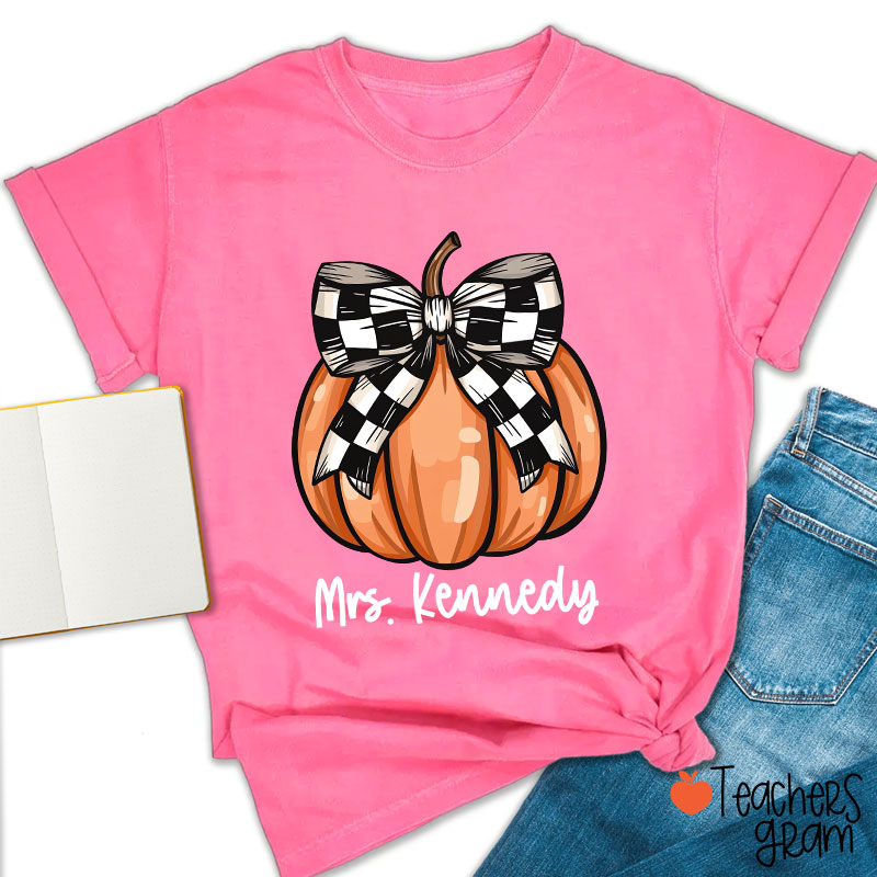 Personalized Name Pumpkin Bow Teacher T-Shirt