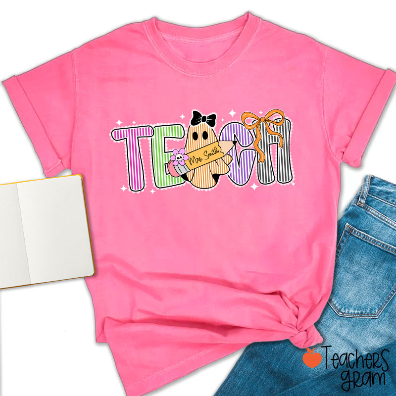 Personalized Name Preppy Teach Boo Ghost Coquette Teacher T-Shirt