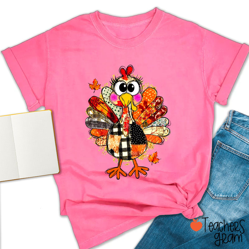 Collage Of Flowers And Thanksgiving Turkey Teacher T-Shirt