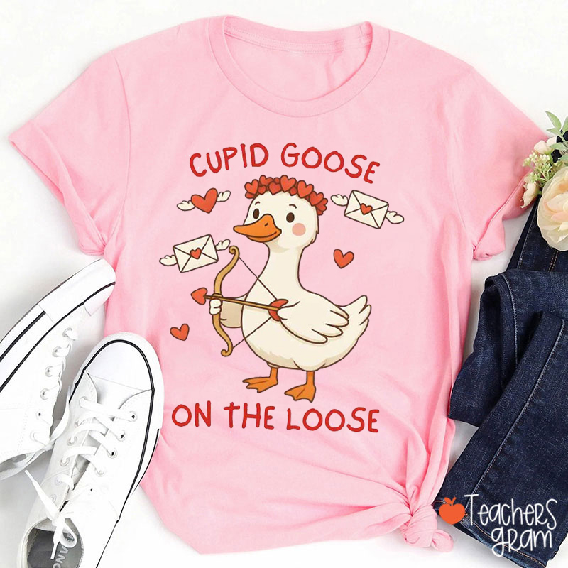 Cupid Goose On The Loose Teacher T-Shirt