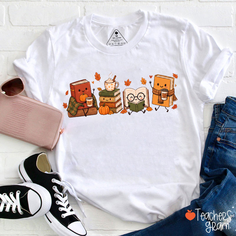 Cute Anthropomorphic Fall Book Coffee Pumpkin Autumn Teacher T-Shirt