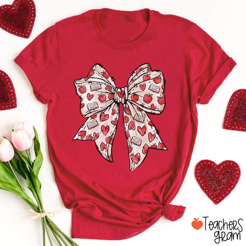 Cute Coquette Bow Apple Book Valentines Day Teacher T-Shirt