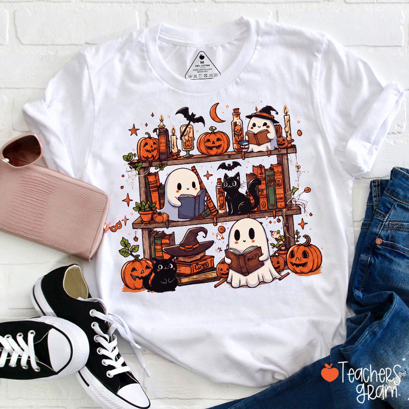 Cute Ghost Reading Books Halloween Teacher T‑Shirt