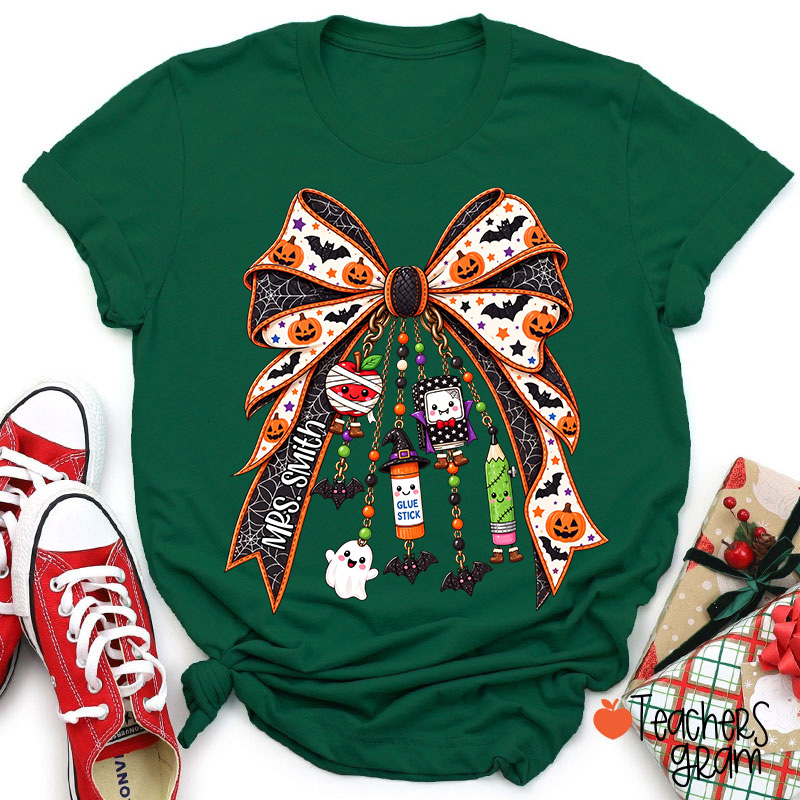 Personalized Name Spooky Charm Bow Teacher T-Shirt