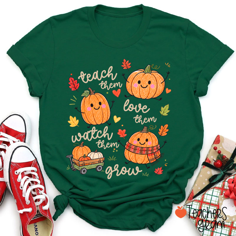 Teach Them Love Them Watch Them Grow Cute Pumpkin Autumn Leaf Teacher T-Shirt