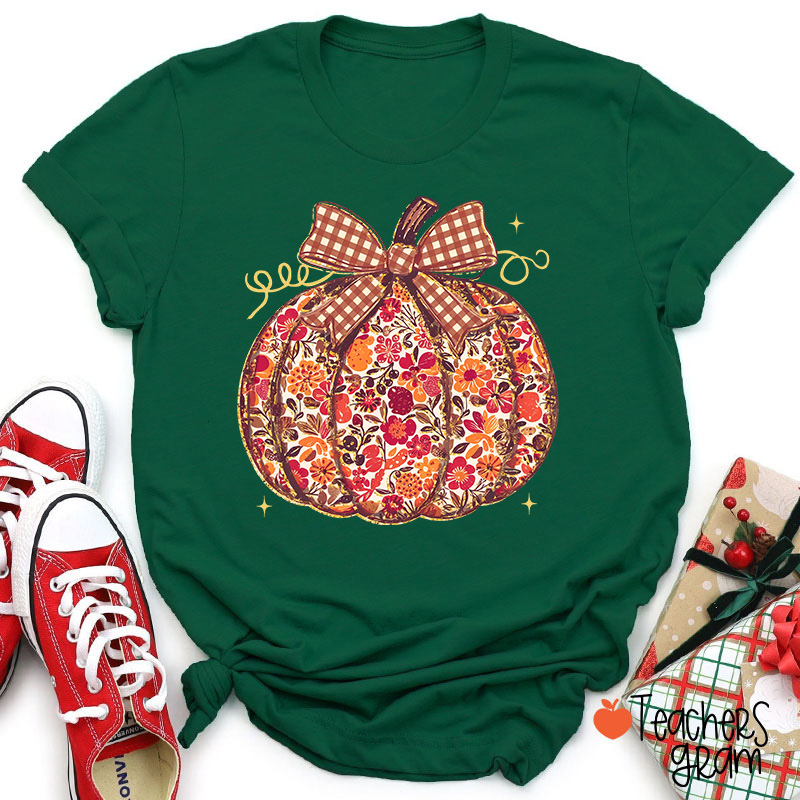 Vintage Floral Plaid Bow Pumpkin Teacher T-Shirt