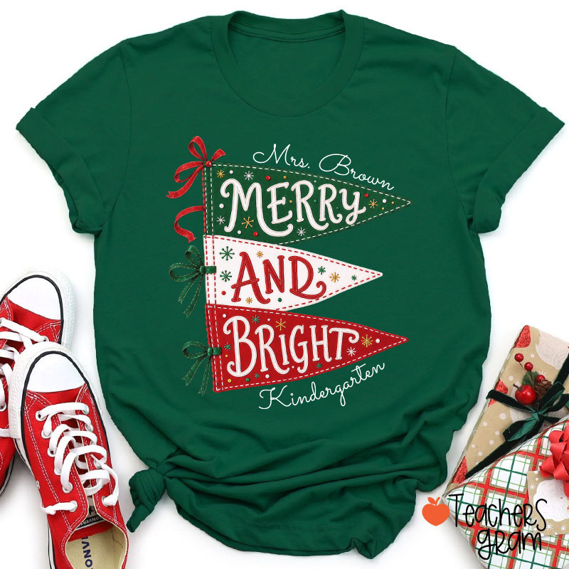 Personalized Name And Grade Merry And Bright Teacher T-Shirt