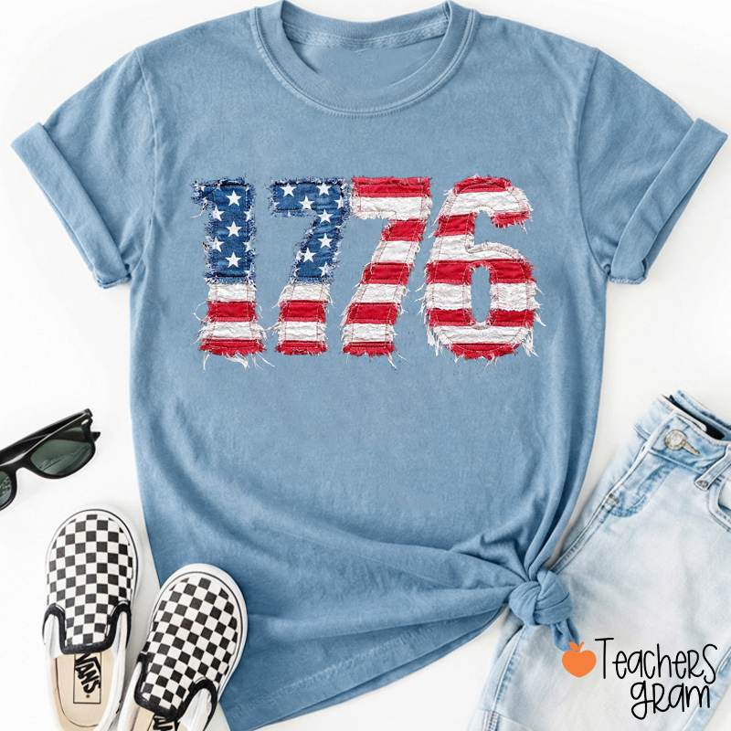 Distressed Faux Patchwork 1776 USA Flag Teacher T-Shirt