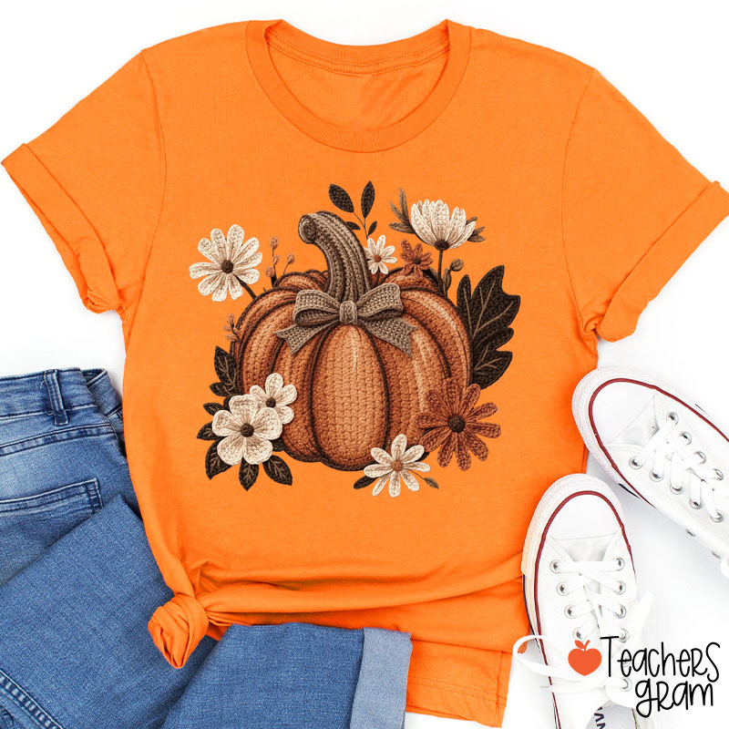 Faux Floral Fall Pumpkin Teacher T-Shirt
