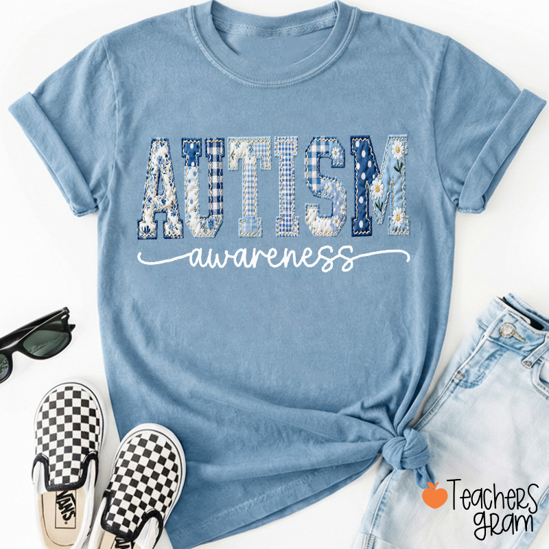 Faux Patchwork Autism Awareness Teacher T-Shirt