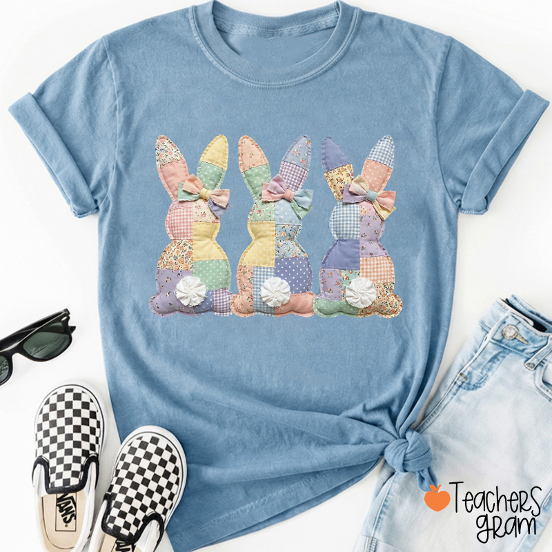 Faux Patchwork Bunny Teacher T-Shirt