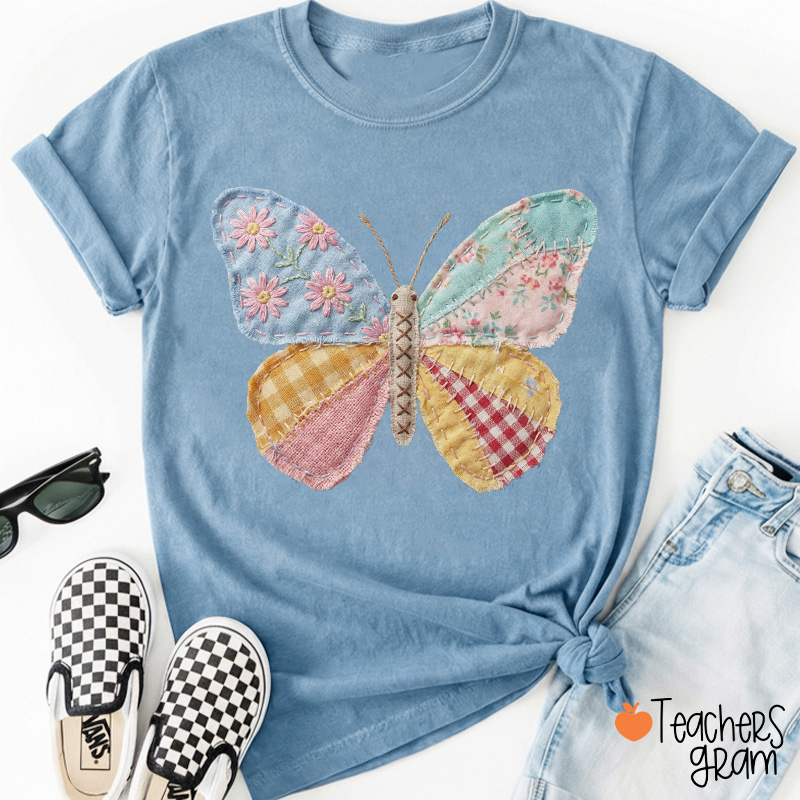 Faux Patchwork Butterfly Teacher T-Shirt