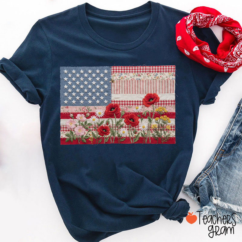 Faux Patchwork USA Flag Floral Teacher T-Shirt