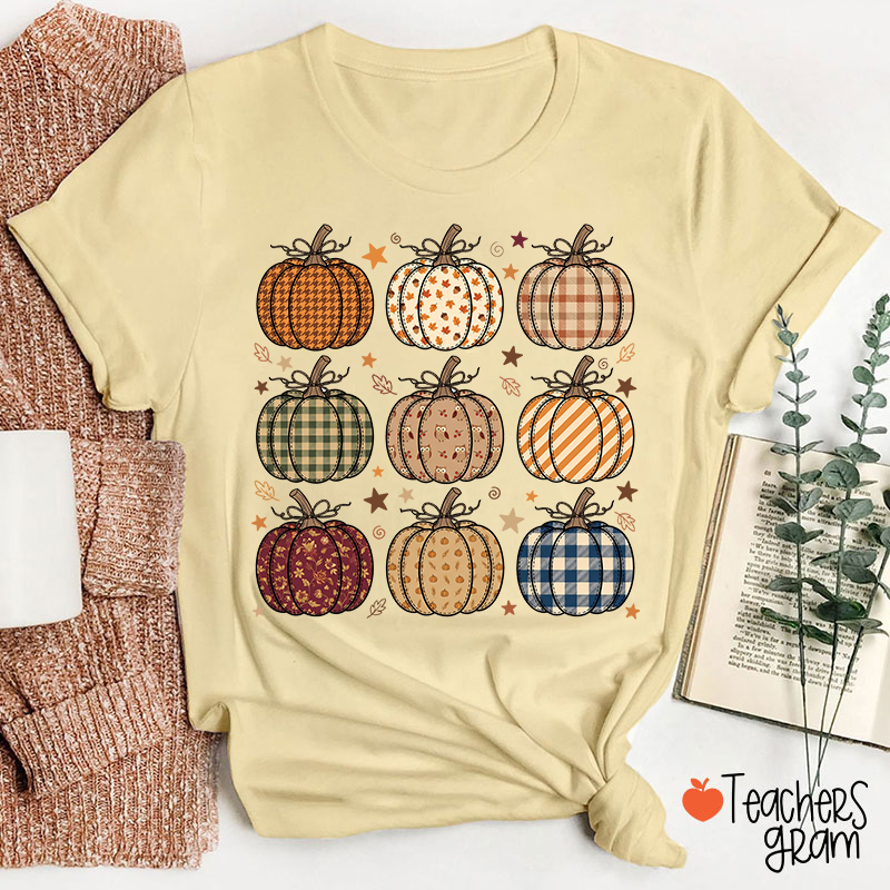 Faux Patchwork Fall Season Mix Pattern Pumpkins Teacher T-Shirt