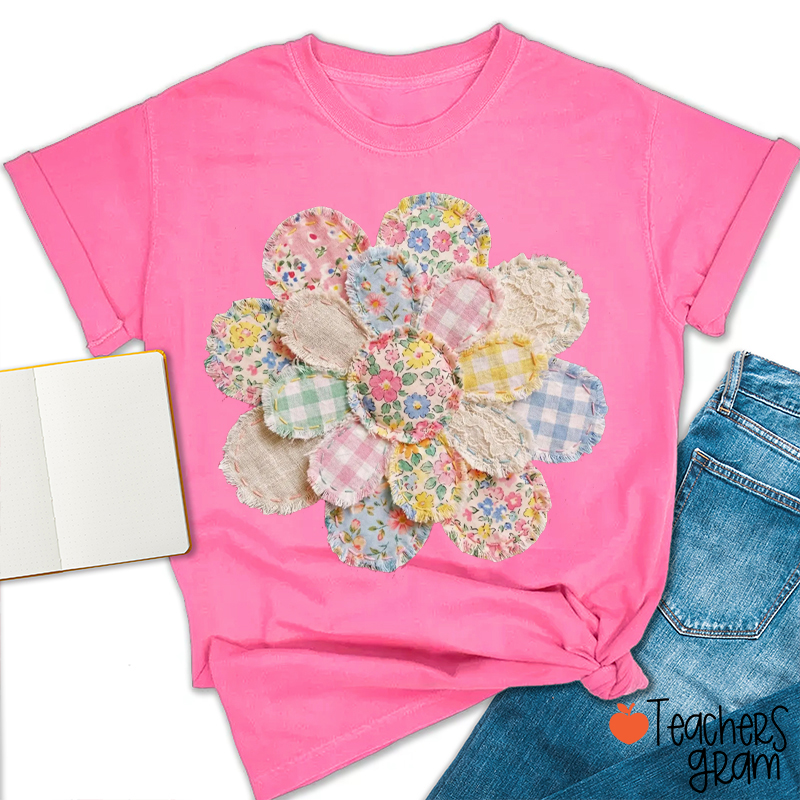 Faux Quilted Patchwork Daisy Teacher T-Shirt