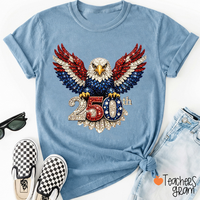 Faux Rhinestones Eagle Patriotic Teacher T-Shirt
