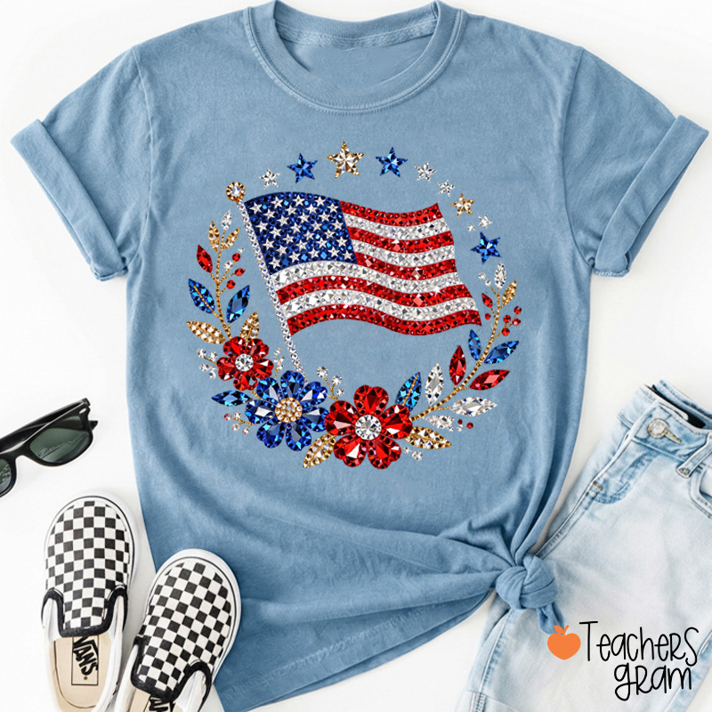 Faux Sparkle Rhinestone Patriotic USA Flag Teacher T-Shirt