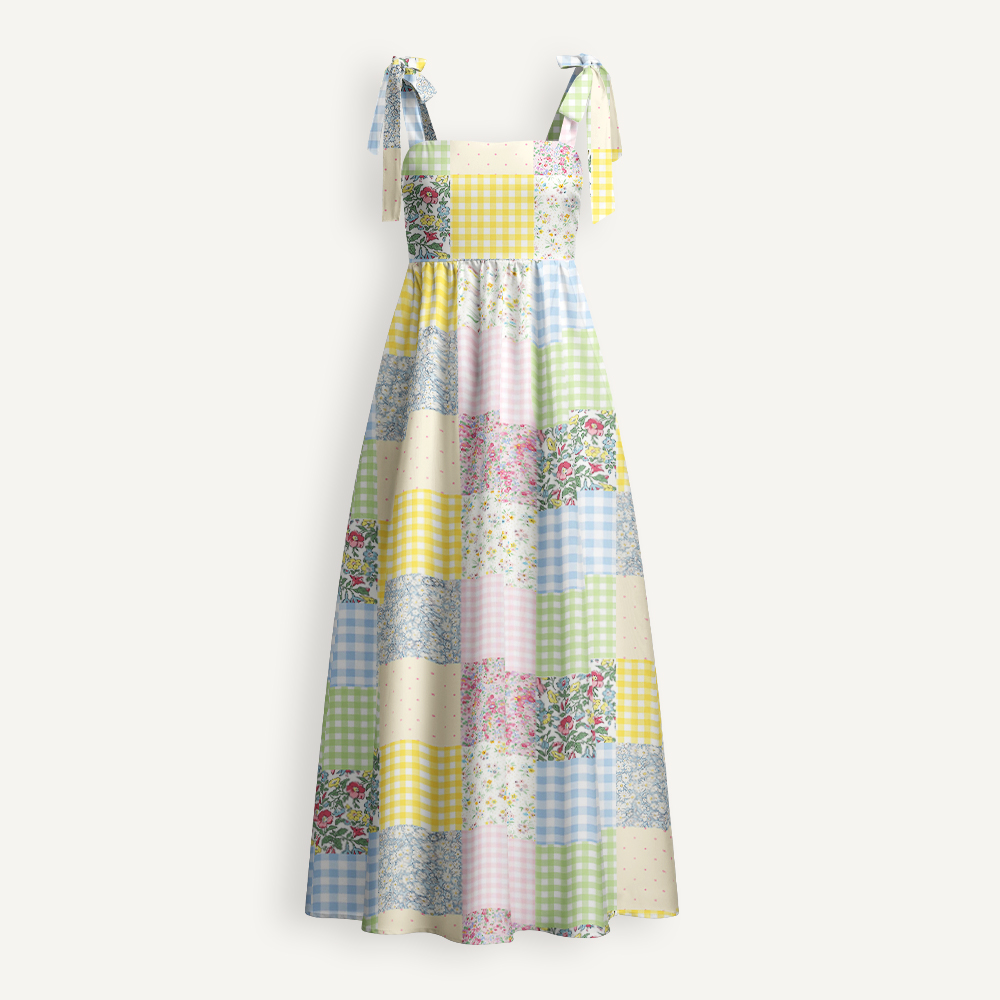 Floral Plaid Faux Patchwork Teacher Tie Shoulder Dress