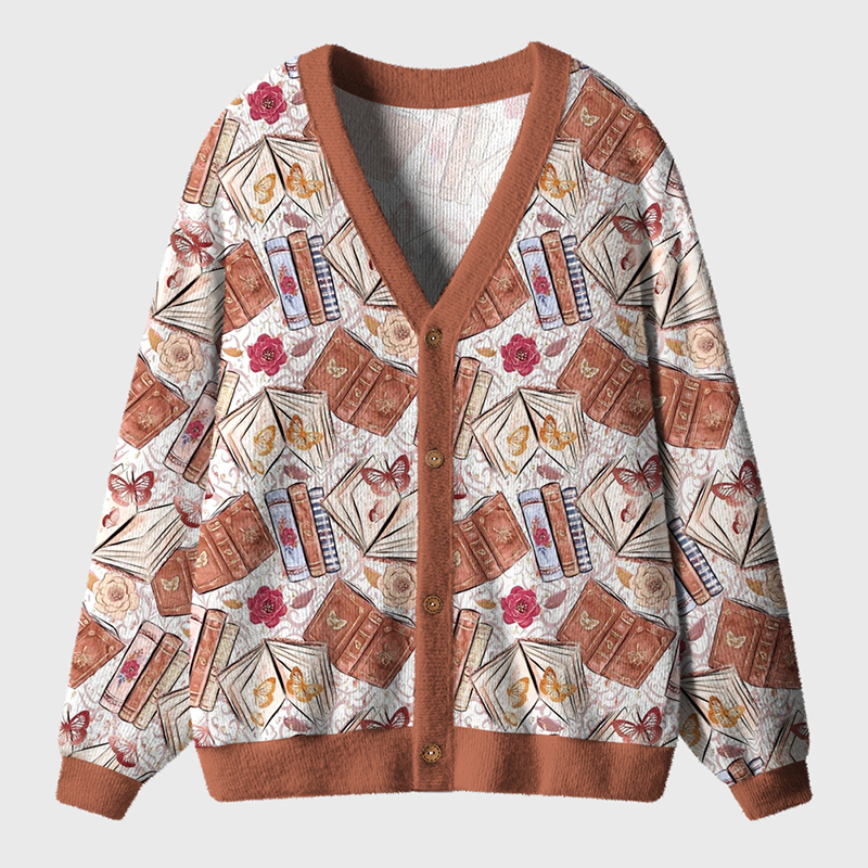 Flower Butterfly Book Teacher Ugly Cardigan Sweaters