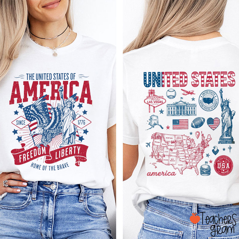 Freedom Liberty Home Of The Brave Teacher Two Sided T-Shirt