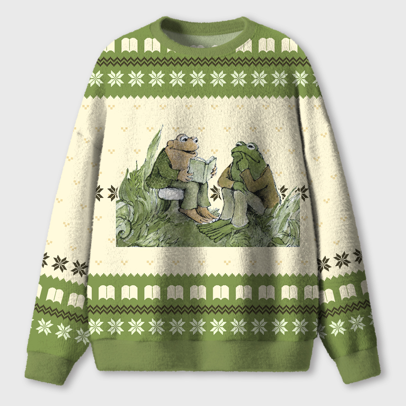 Frog And Friends Reading Book Teacher Ugly Fluffy Christmas Sweater