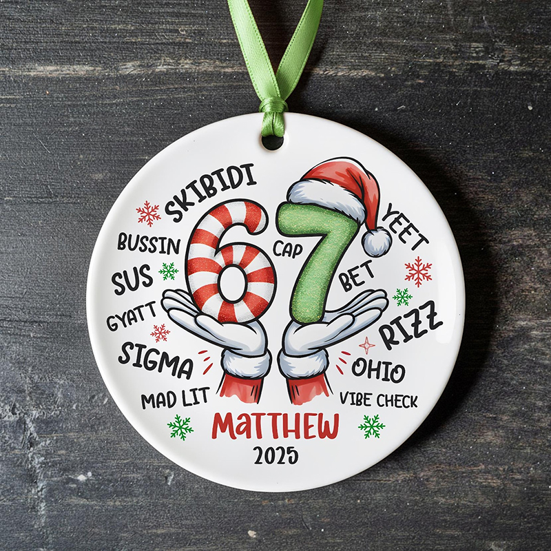 Personalized Funny Six Seven Gen Alpha Teacher Ceramic Christmas Ornament