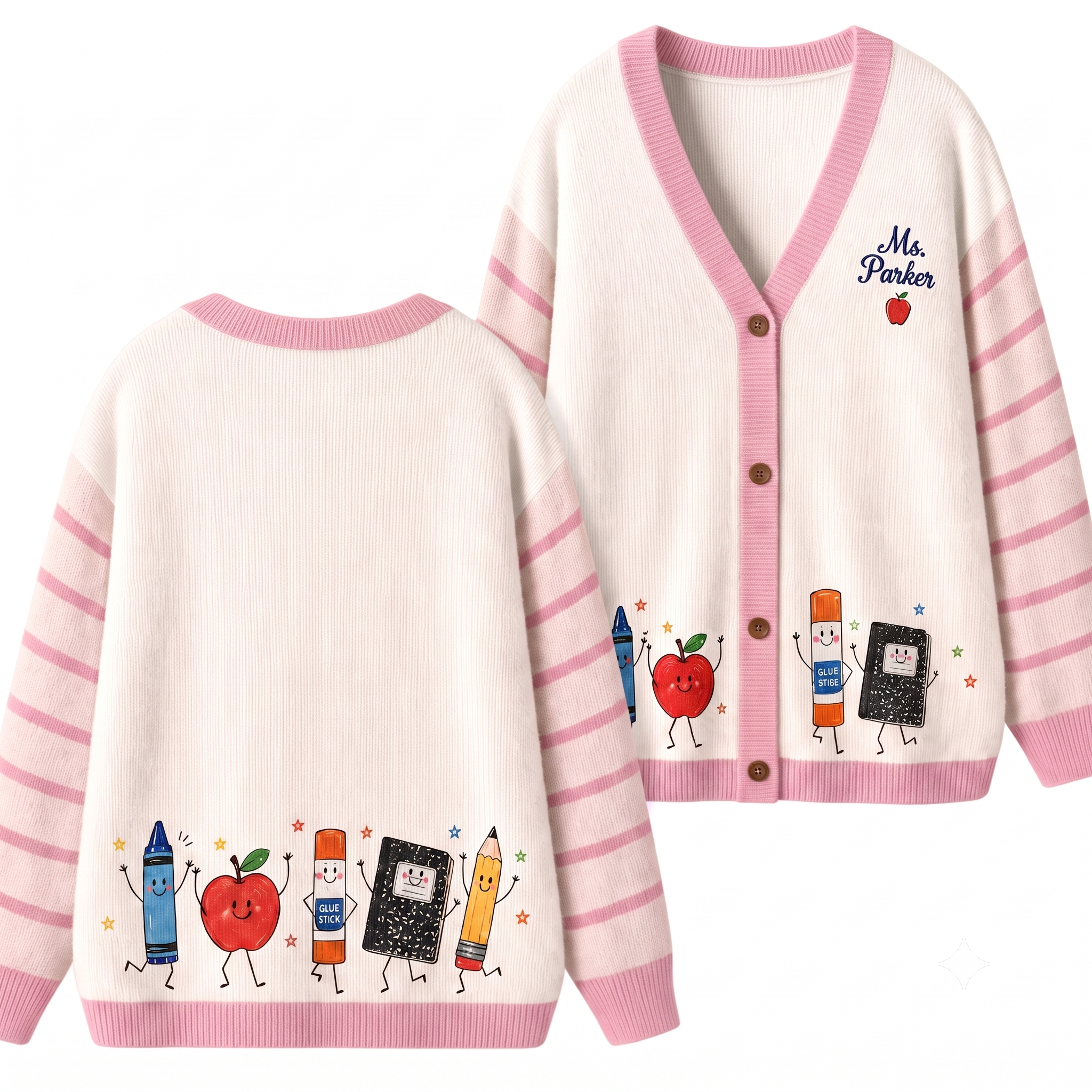 Personalized Name Apple Book Pencil Lines Teacher Ugly Cardigan Sweaters