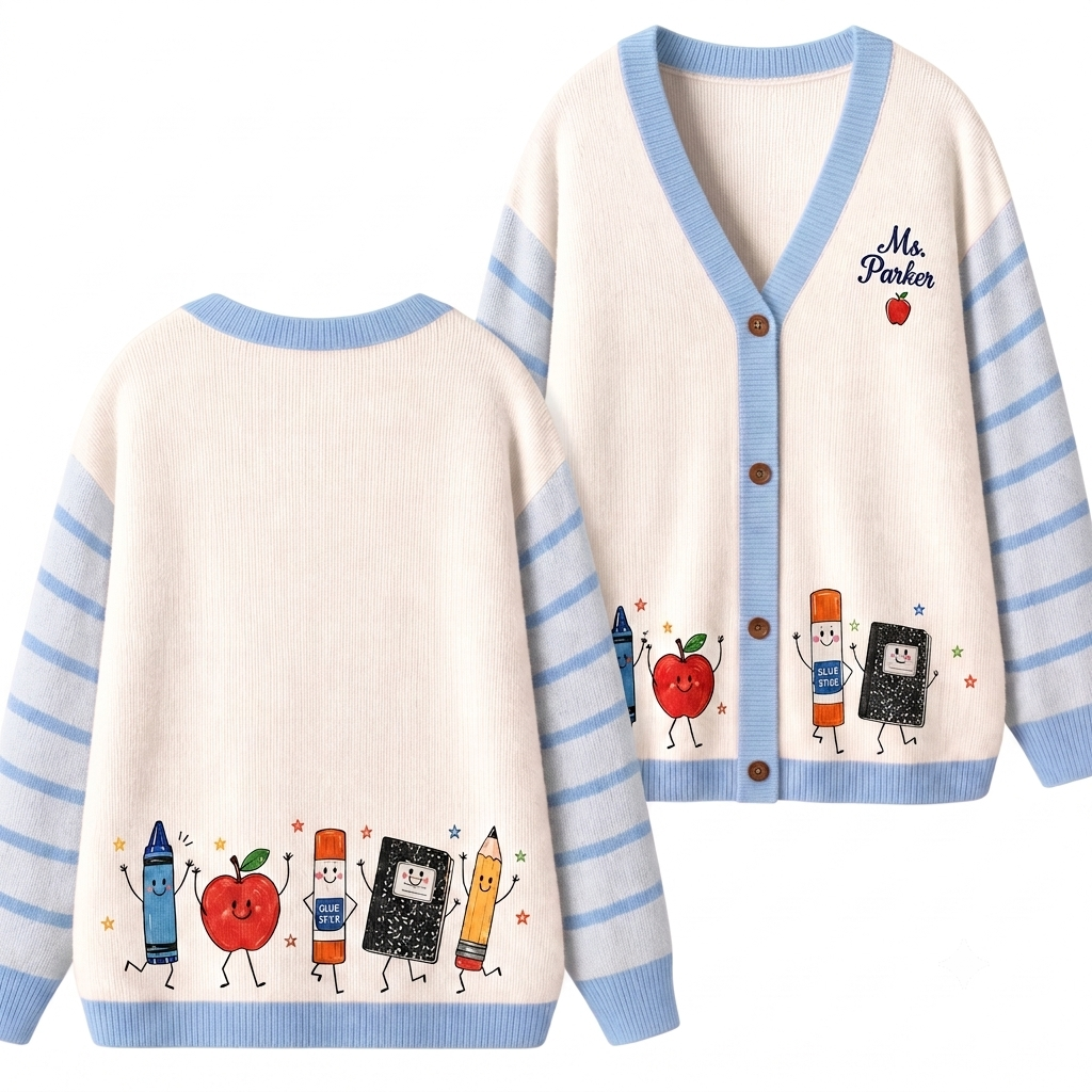 Personalized Name Apple Book Pencil Lines Teacher Ugly Cardigan Sweaters