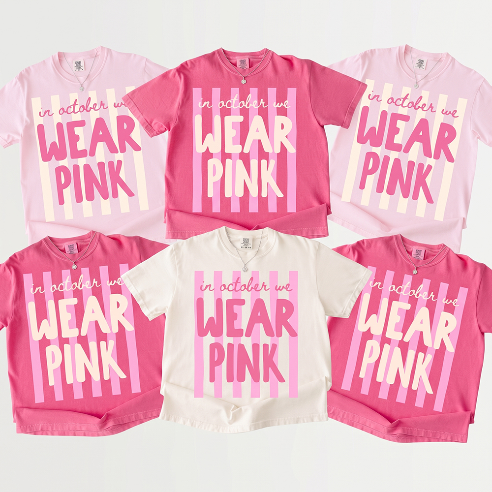 Personalized Name In October We Wear Pink Striped Teacher T-Shirt