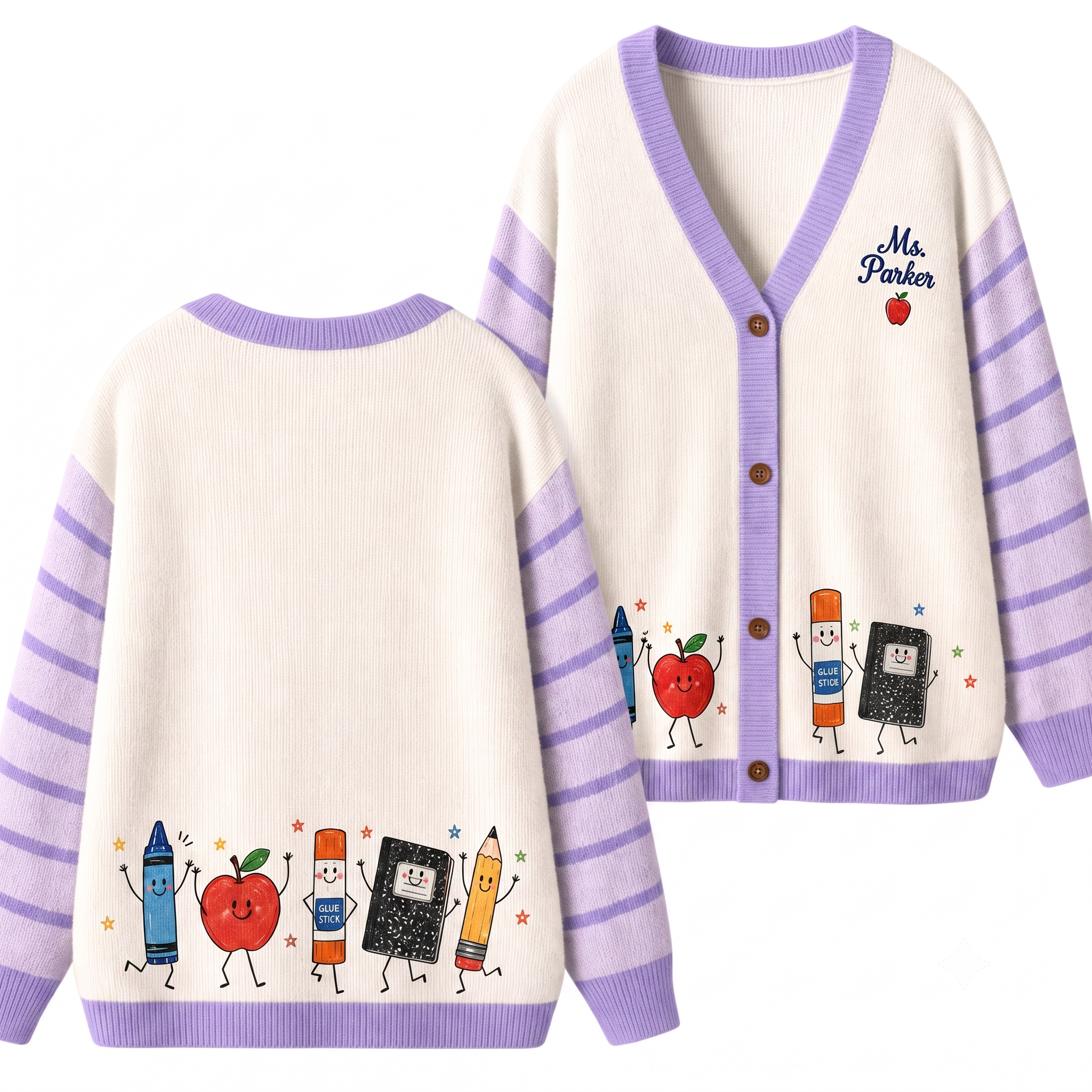 Personalized Name Apple Book Pencil Lines Teacher Ugly Cardigan Sweaters