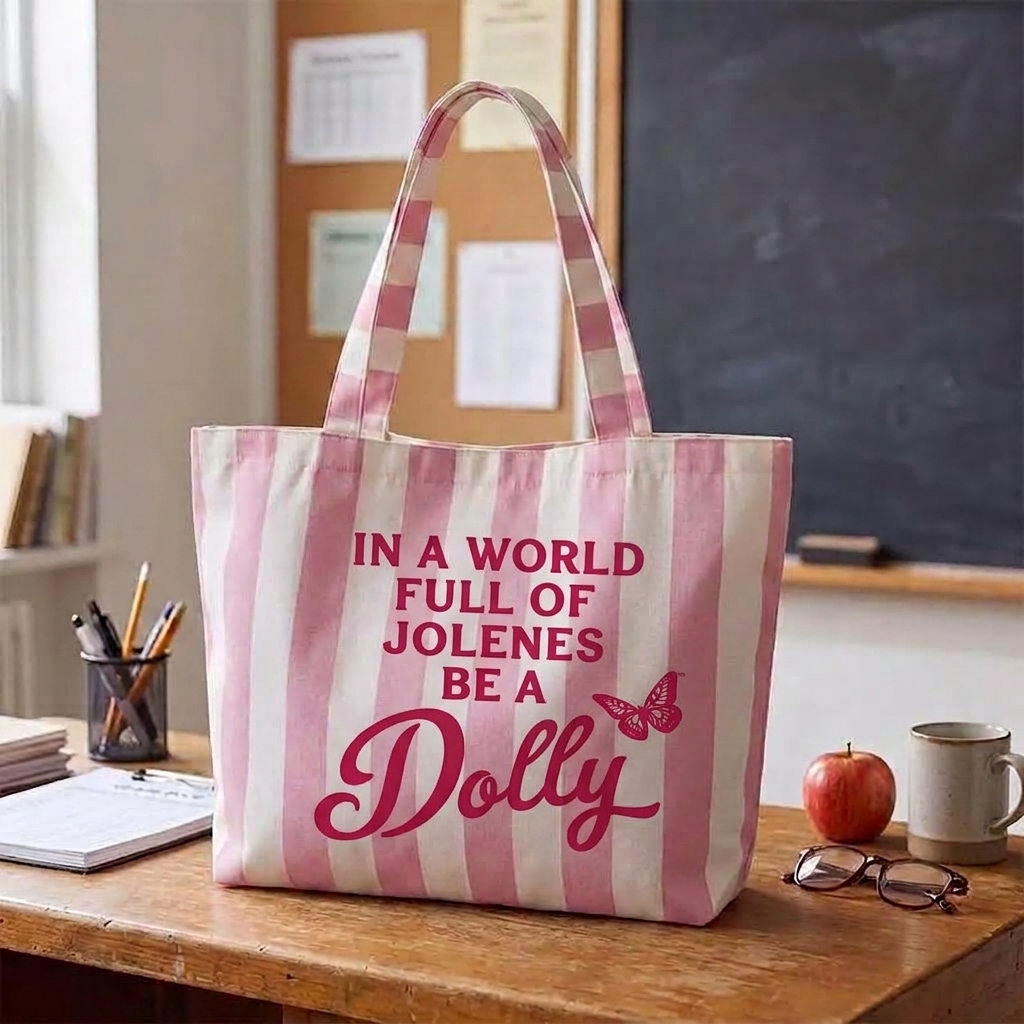 In A World Of Jolenes Be Dolly Pink Stripes Teacher Tote Bag