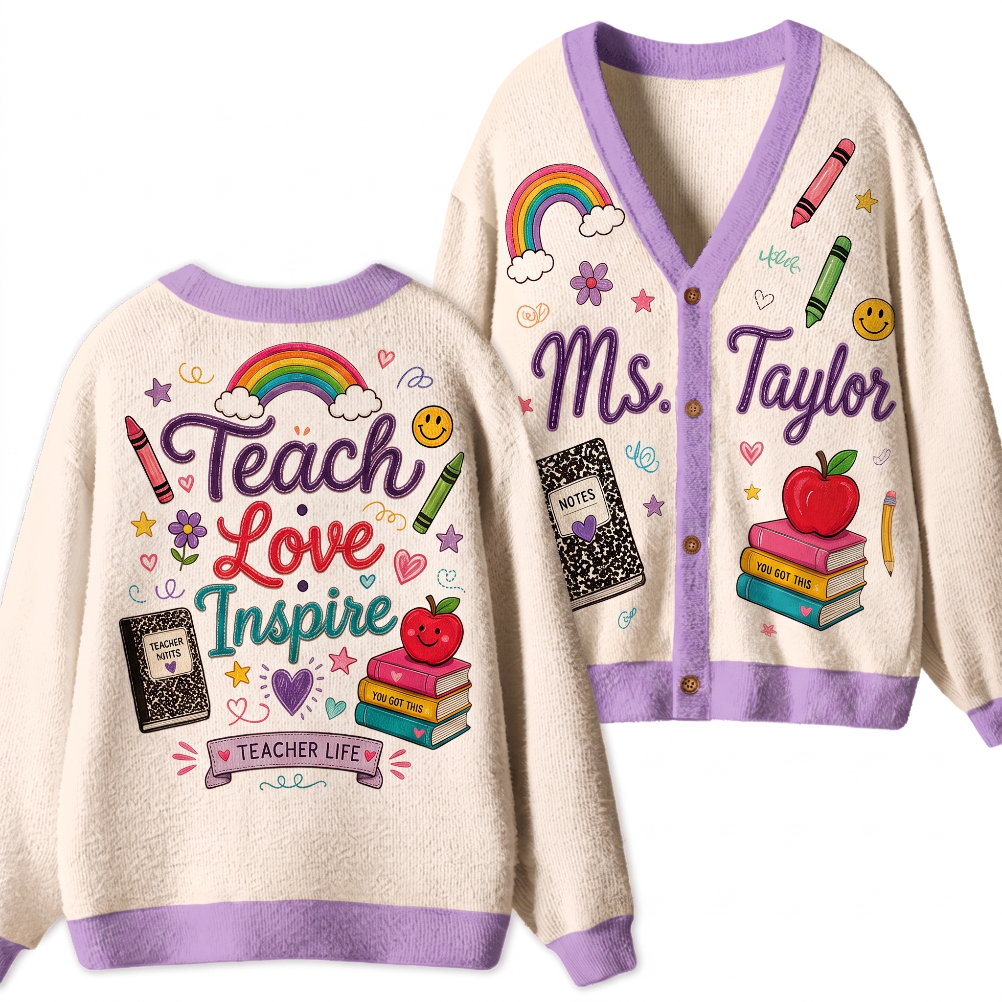 Personalized Name Teach Love Inspire Teacher Ugly Cardigan Sweaters