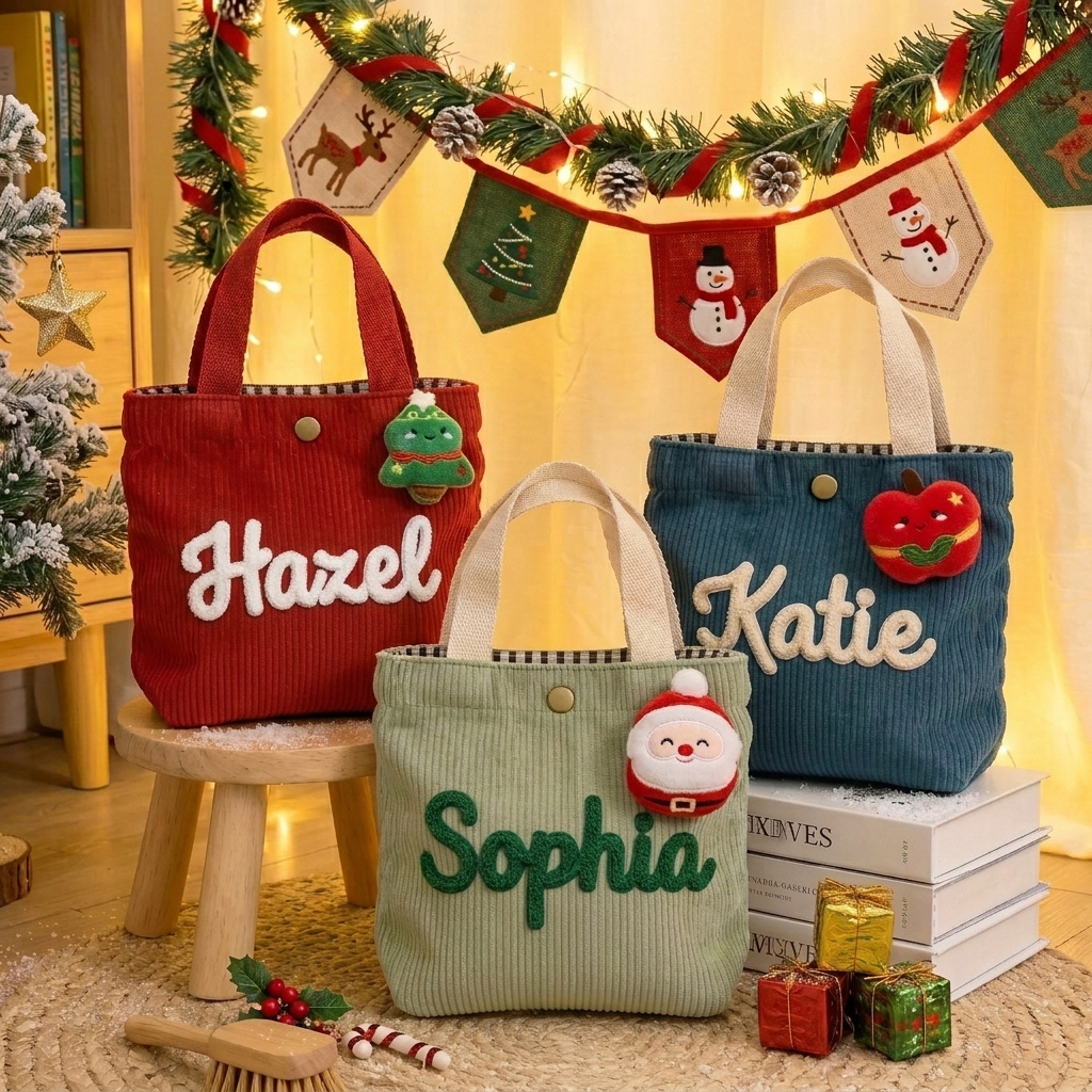 Personalized Name Chunky Yarn Embroidered Corduroy Teacher Chritmas Tote Bag