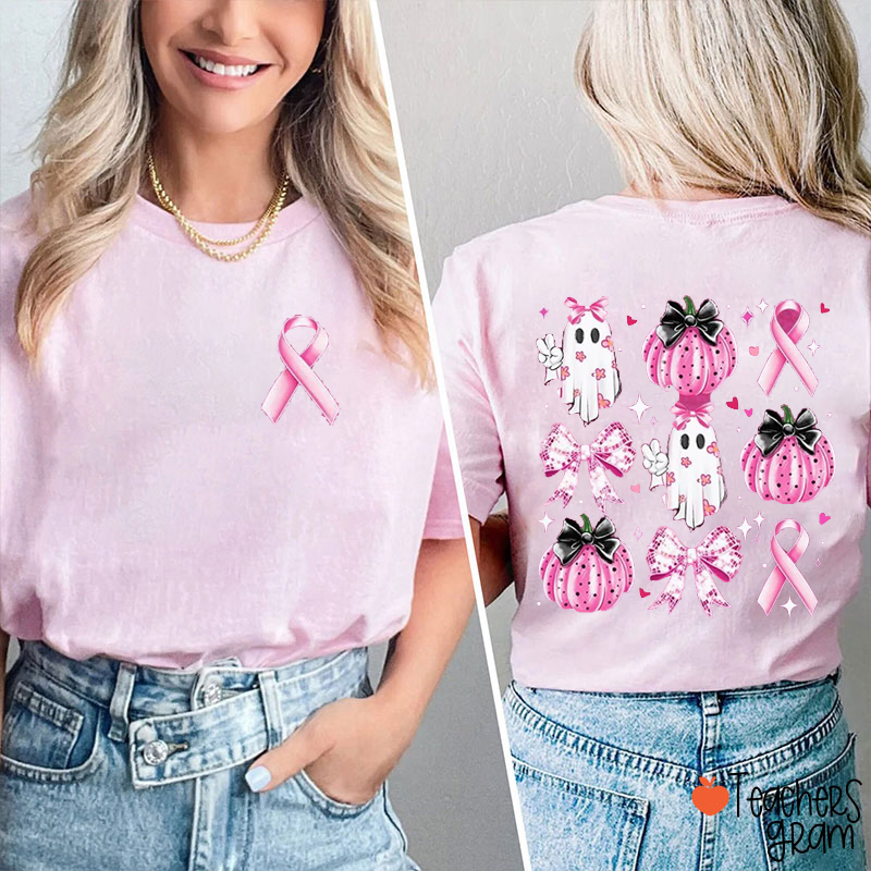Pink Ribbon Pink Ghost And Pumpkin Breast Cancer Awareness Teacher Two Sided T-Shirt