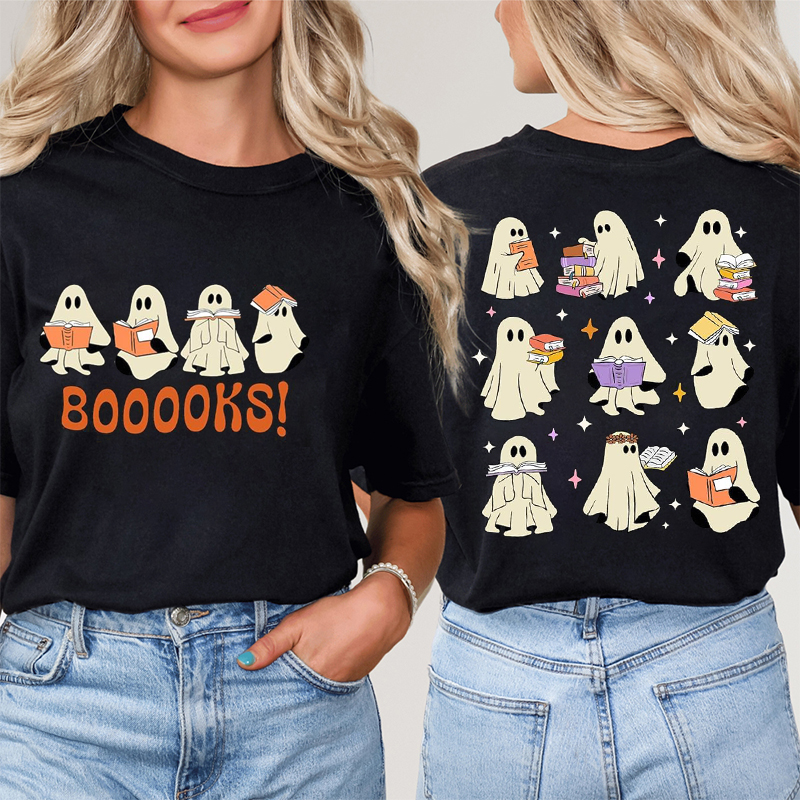 Ghosts Read Booooks Halloween Teacher Two Sided T-Shirt