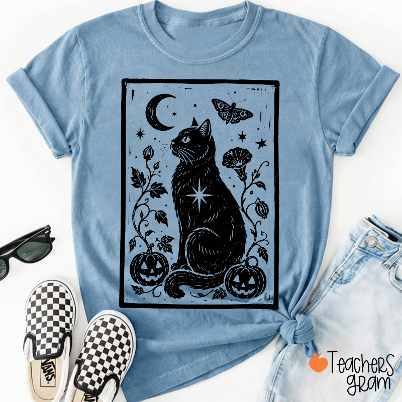 Halloween Black Cat Moon Pumpkin Moth Tarot Card Teacher T‑Shirt