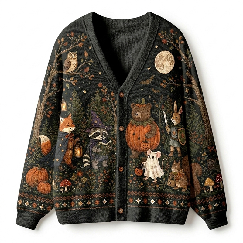 Personalized Halloween Forest Animal Scene Jacquard Knit Teacher Ugly Cardigan Sweaters