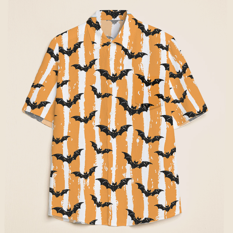 Halloween Orange White Bat Striped Teacher Short Sleeve Shirt
