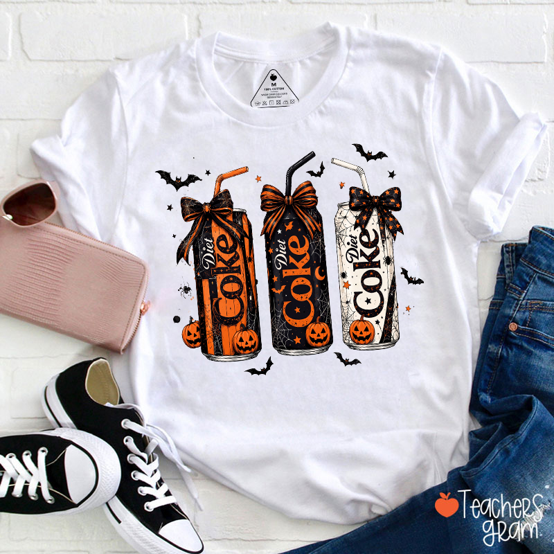 Halloween Soda Can Pumpkin Bat Graphic Teacher T‑Shirt
