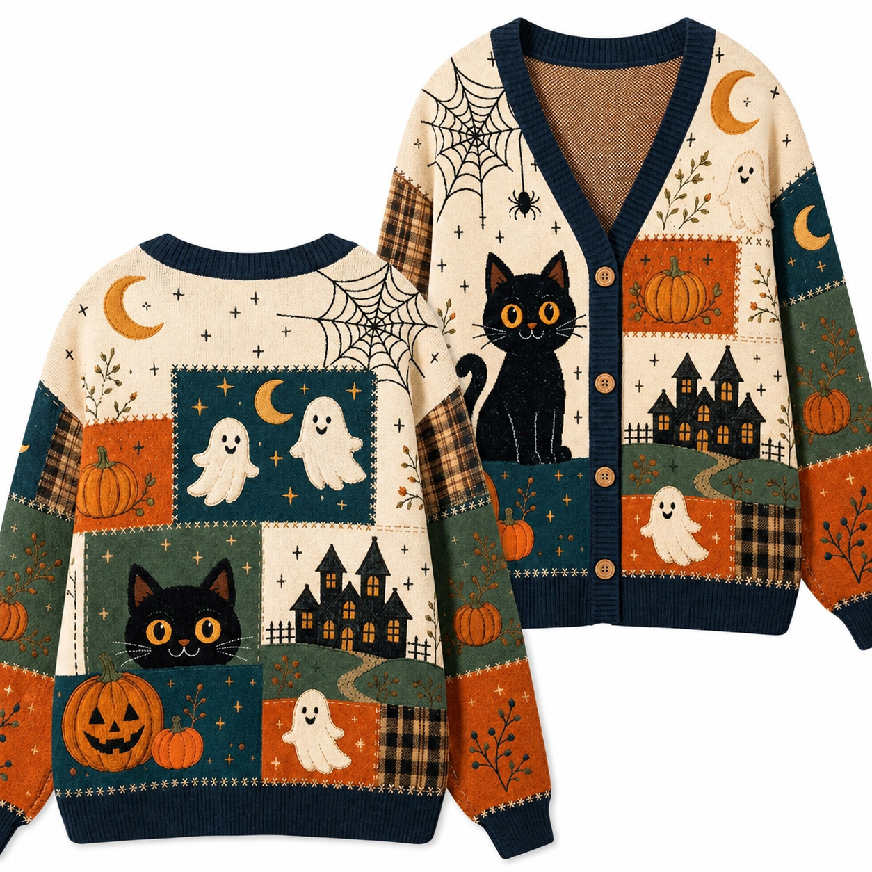 Halloween Black Cat Ghost Pumpkin Faux Patchwork Teacher Ugly Cardigan Sweaters