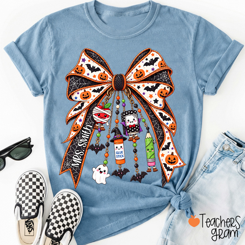 Personalized Name Spooky Charm Bow Teacher T-Shirt