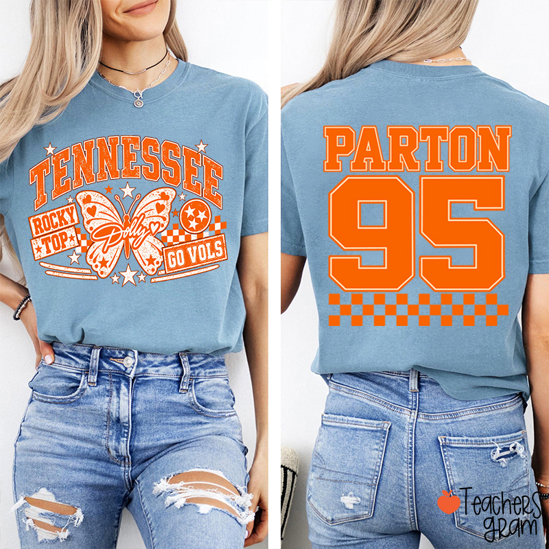   Rocky Top Dolly Go Vols Butterfly  Teacher Two Sided T-Shirt