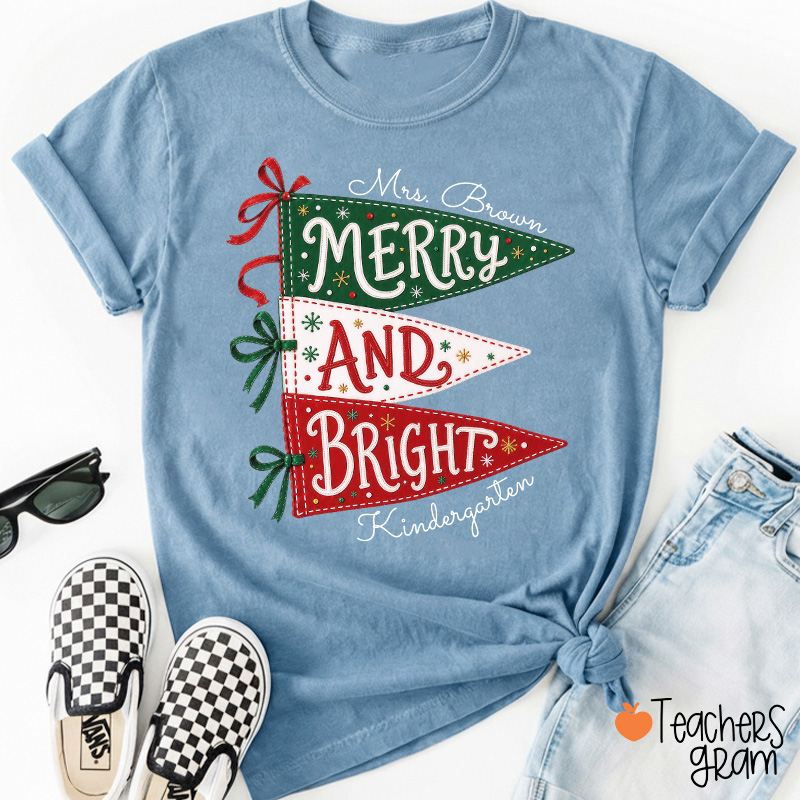 Personalized Name And Grade Merry And Bright Teacher T-Shirt
