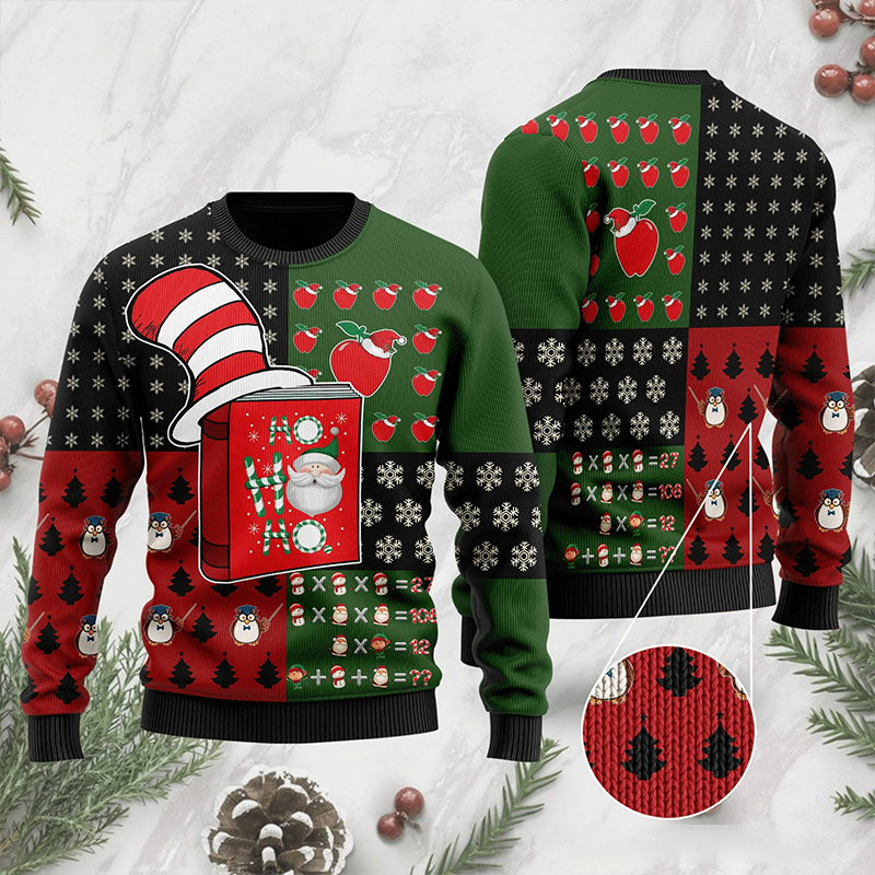 Ho Ho Ho Santa Cat Hat Teacher Ugly Fluffy Christmas Sweater