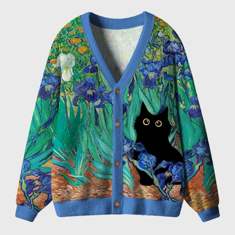Irises Black Cat Teacher Ugly Cardigan Sweaters