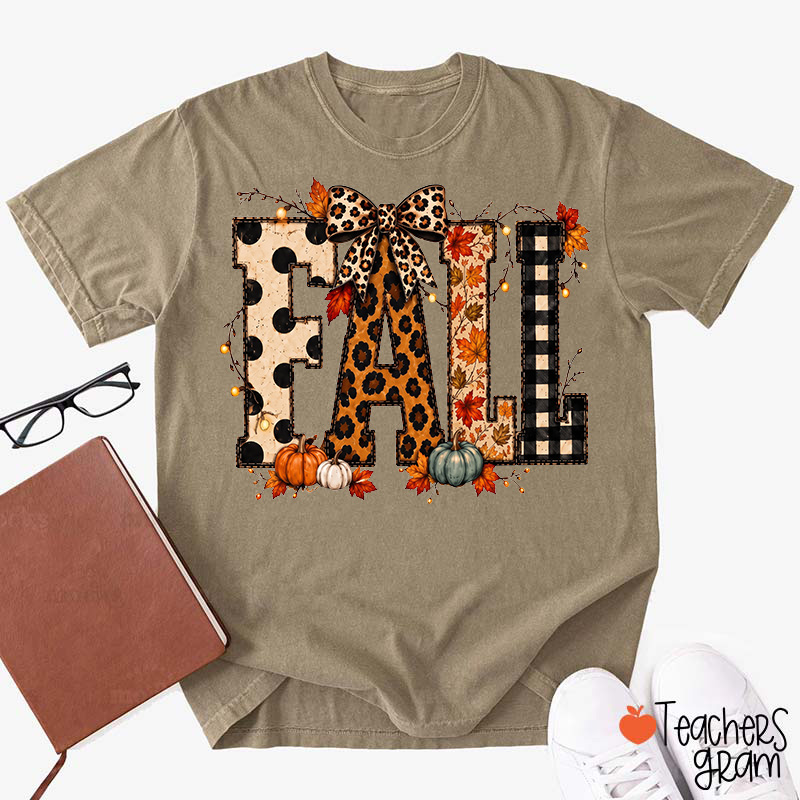 Leopard Plaid Dot FALL Letter Fall Graphic Teacher T-Shirt